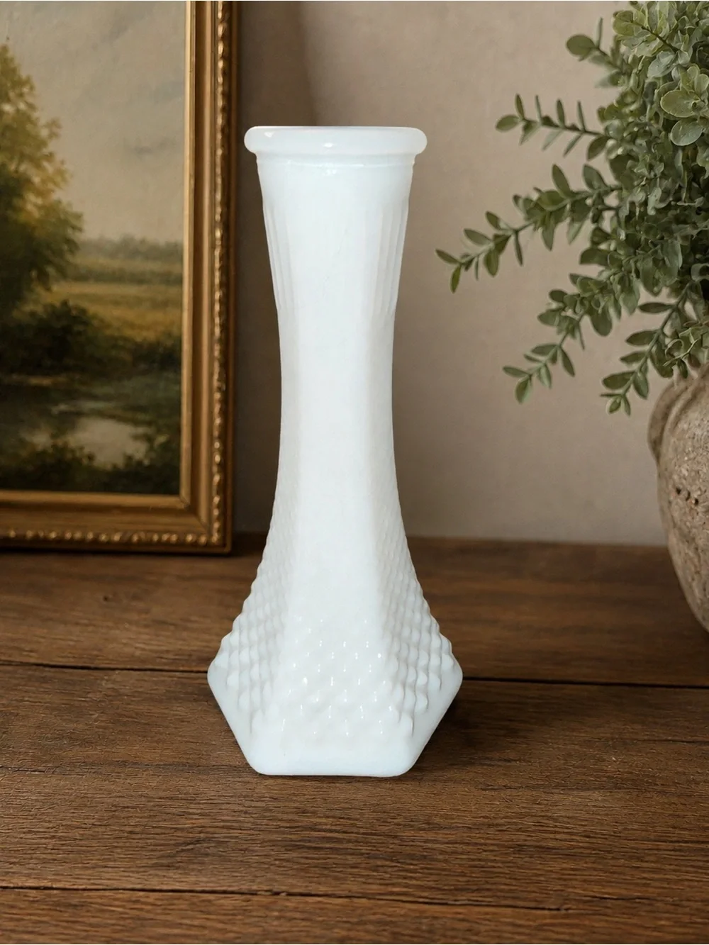 Vintage Hoosier Glass 4063C White Milk Glass Bud Vase Diamond Hex Base